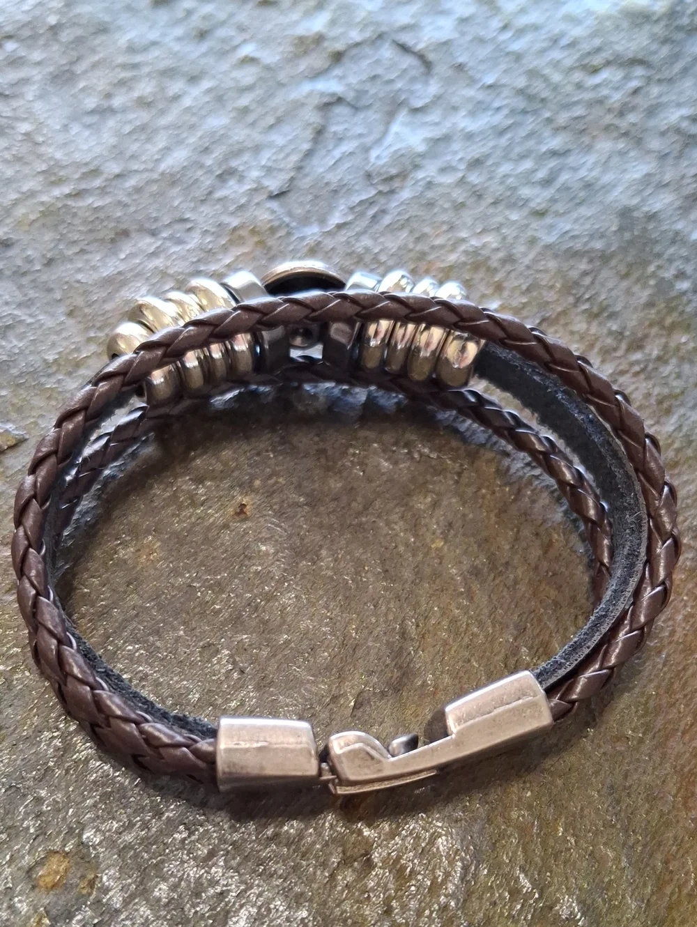 Black Leather Cross Bracelet with Metal Beads